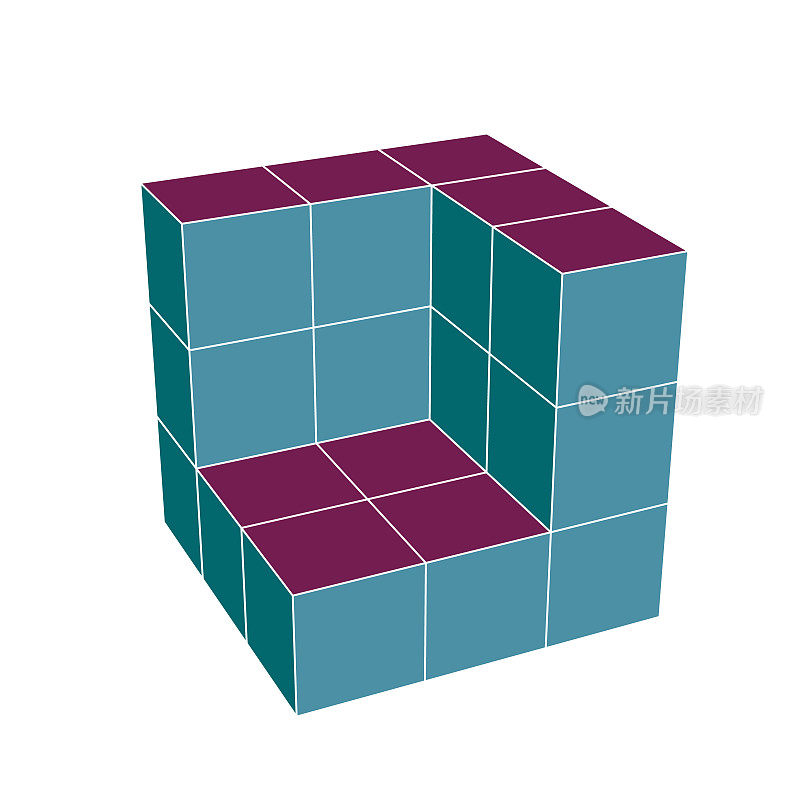 3x3x3 = 19个不同颜色表面的立体立方体的3D渲染，形成墙体形状。与视角。